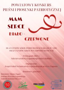 Powiatowy Konkurs Piosenki Patriotycznej „Mam serce biało-czerwone” -zaproszenie - plakat
