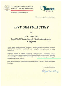 Dyplom uznania dla Pani Dyrektor od Ministra Obrony Narodowej