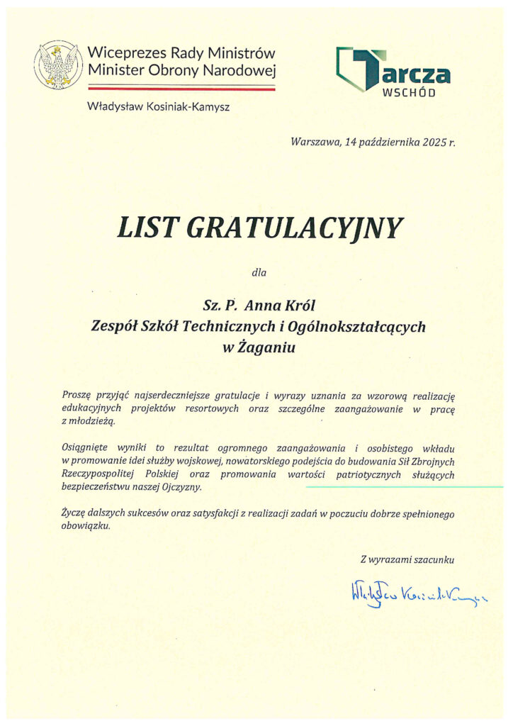 Dyplom uznania dla Pani Dyrektor od Ministra Obrony Narodowej