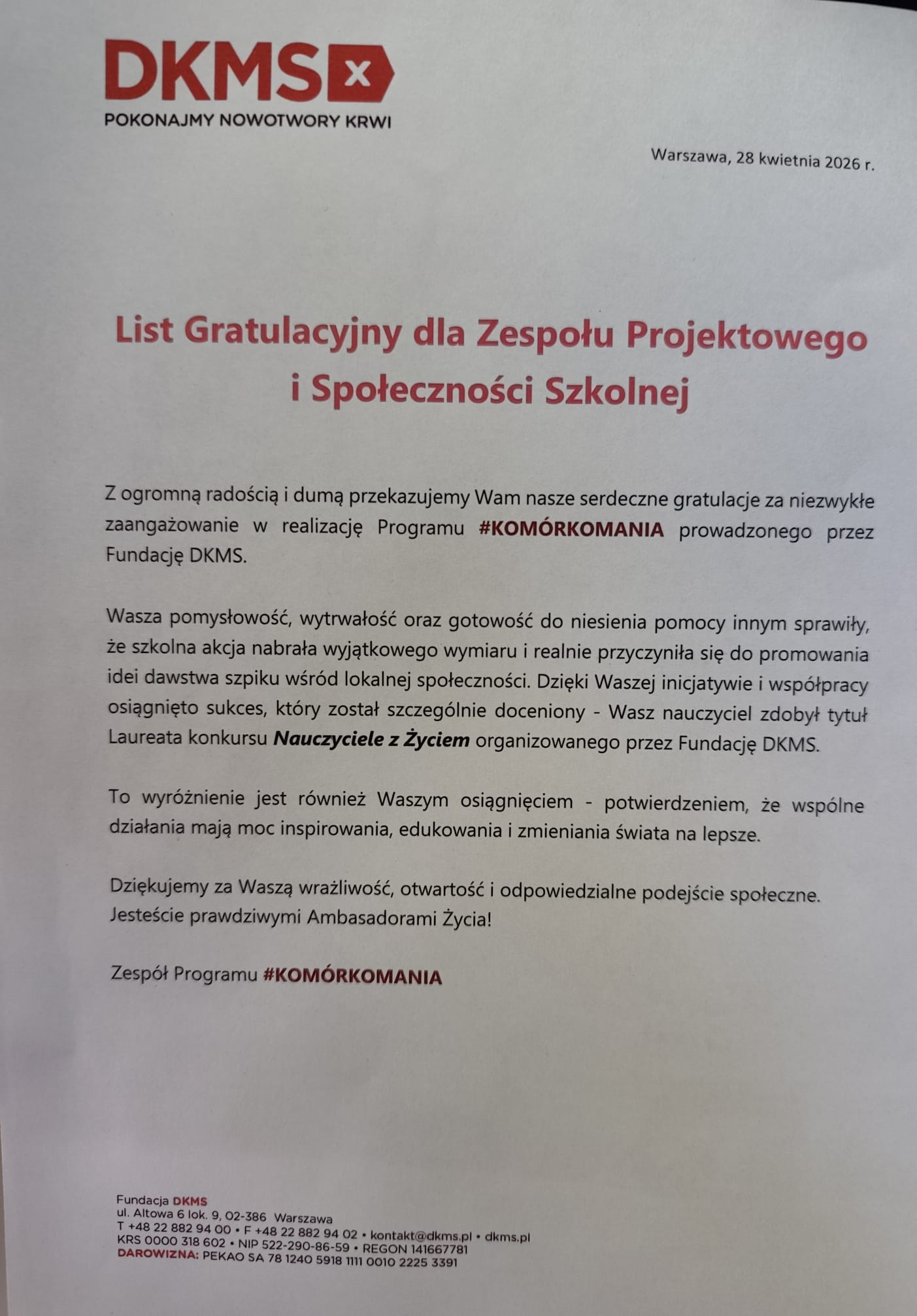 SUKCES NASZEJ SZKOŁY w konkursie „Nauczyciele z Życiem” programu #KOMÓRKOMANIA - list gratulacyjny